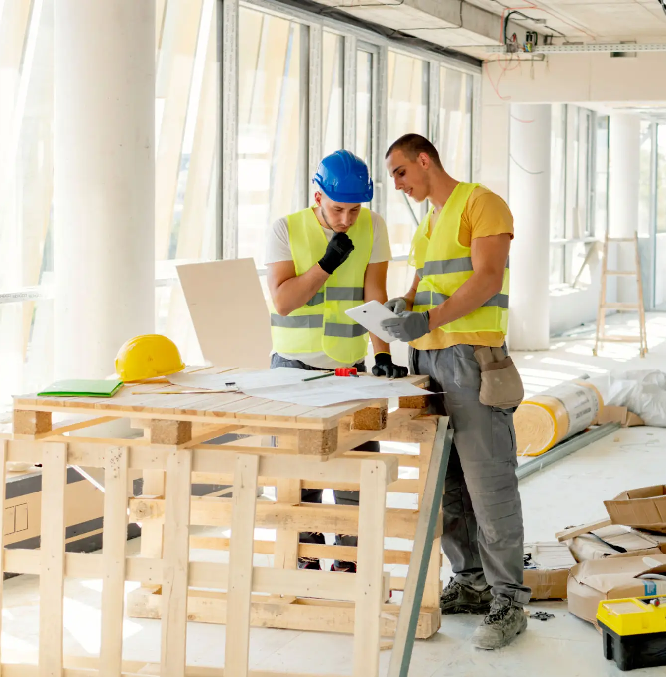 Two construction workers discussing plans at a workbench inside an unfinished building.